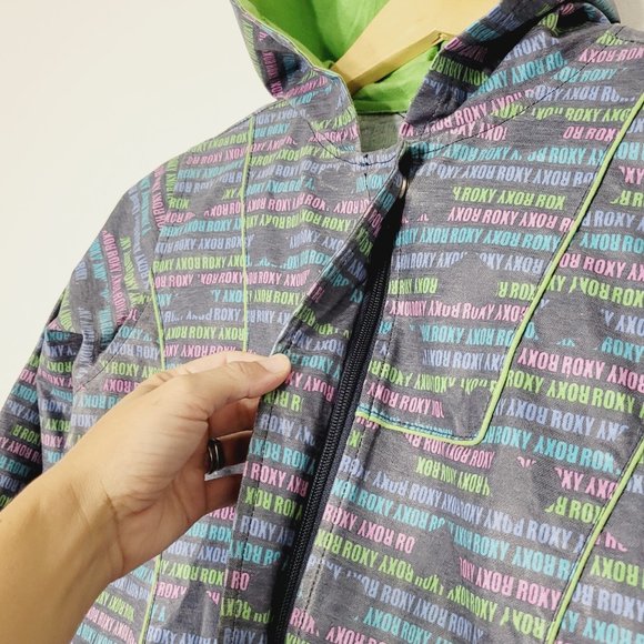Roxy Windbreaker Jacket Coat Logo Graphic Print Multicolor Pastel Hooded XL - Picture 4 of 12